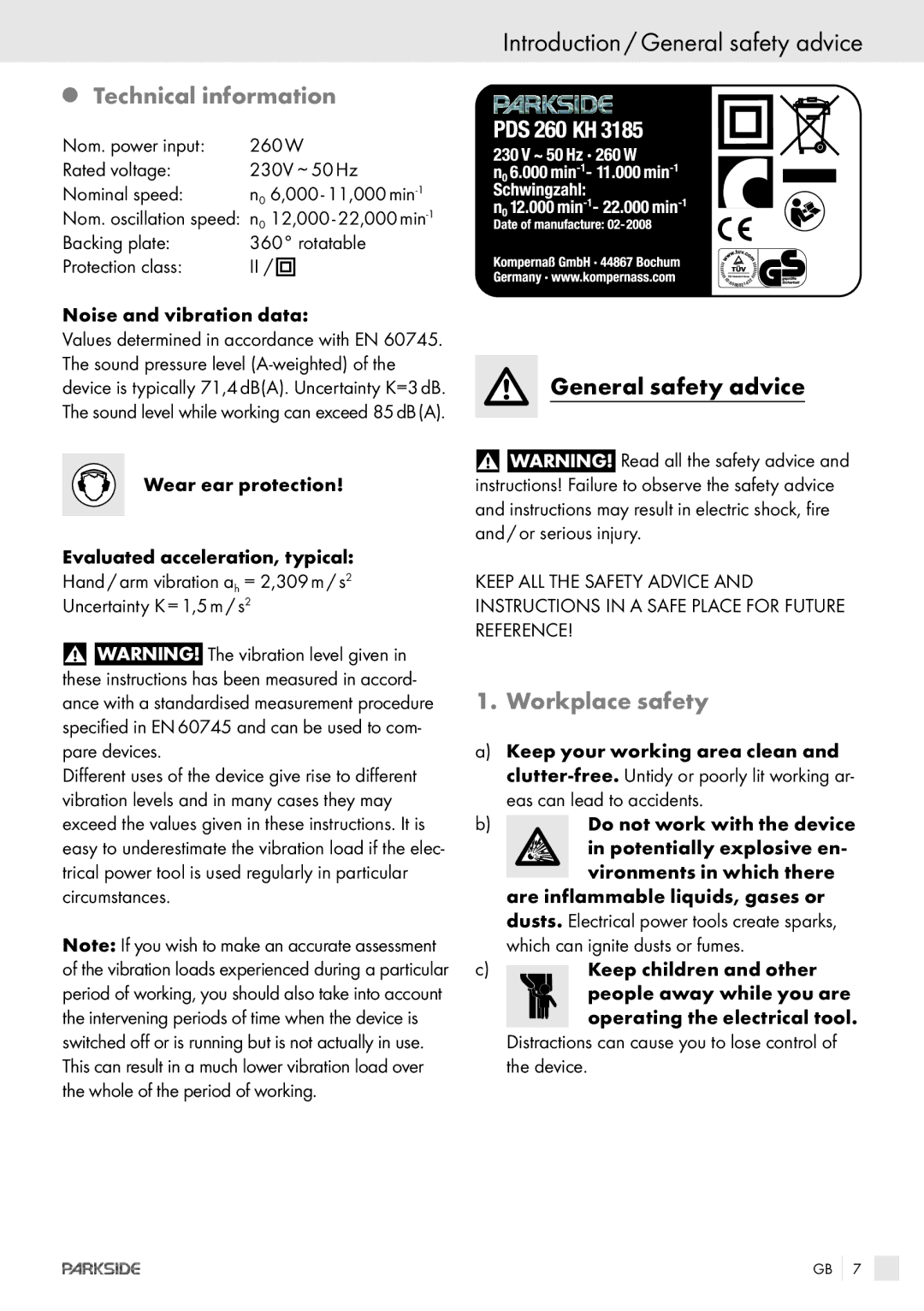 Parkside POE-1200 manual Introduction / General safety advice, Technical information, Workplace safety, Wear ear protection 